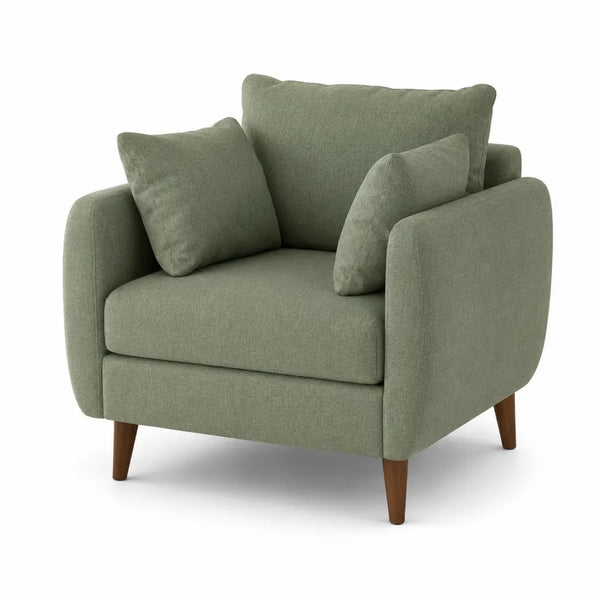 Poltrona in tessuto verde con gambe in legno