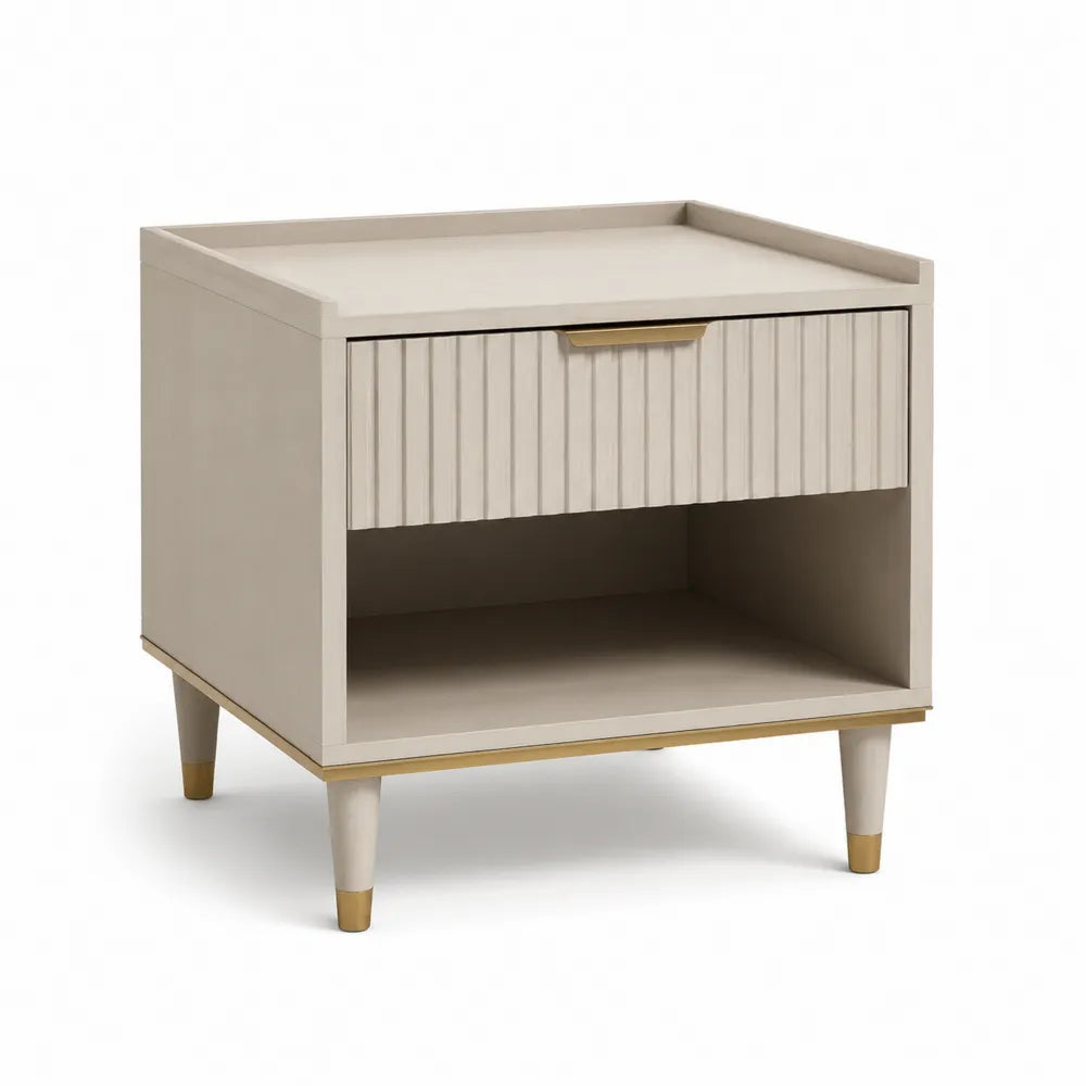 Comodino in legno MDF beige con dettagli oro da 60x45x55 cm