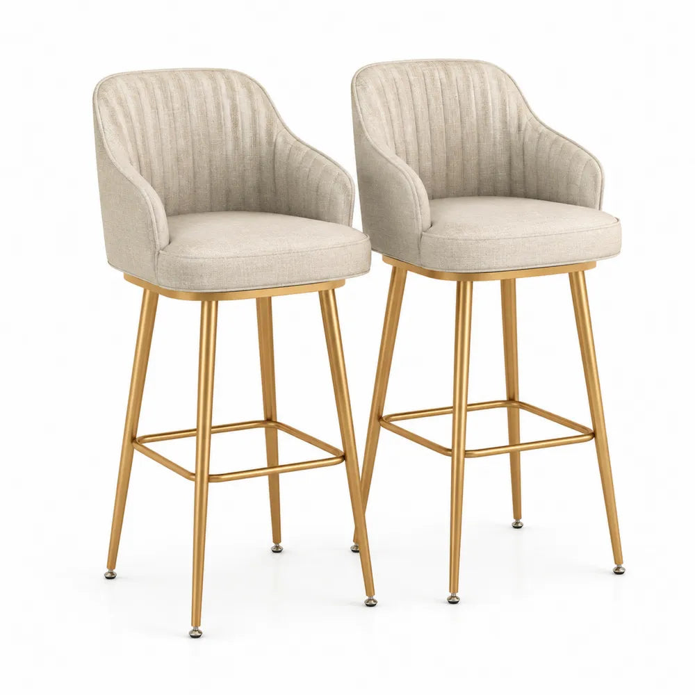 Set di 2 sgabelli da bar in lino beige con struttura in metallo dorato