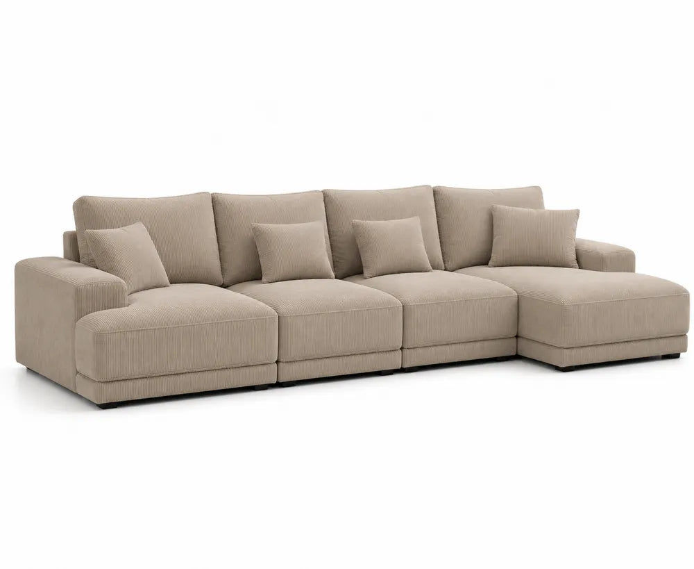Divano Modulare in Tessuto Beige con Chaise Longue, 5 Posti