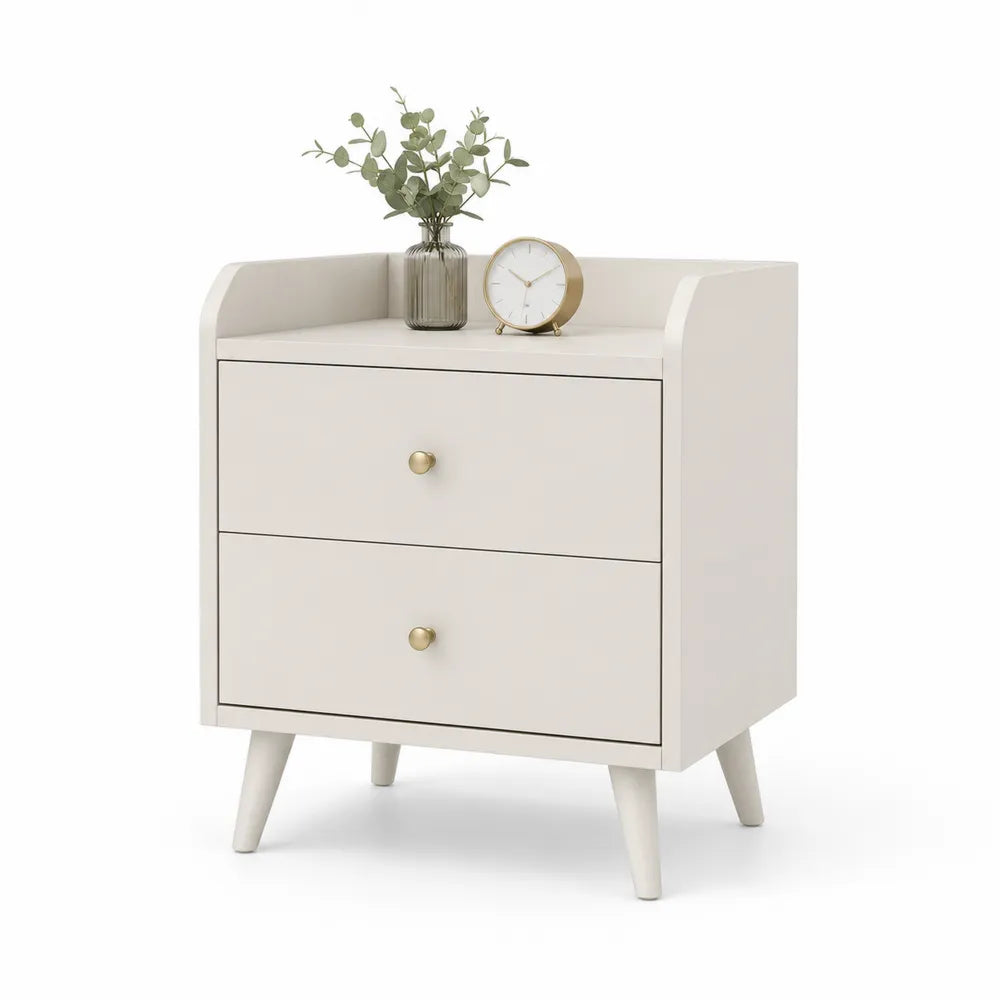 Comodino a 2 cassetti in MDF bianco con maniglie rotonde