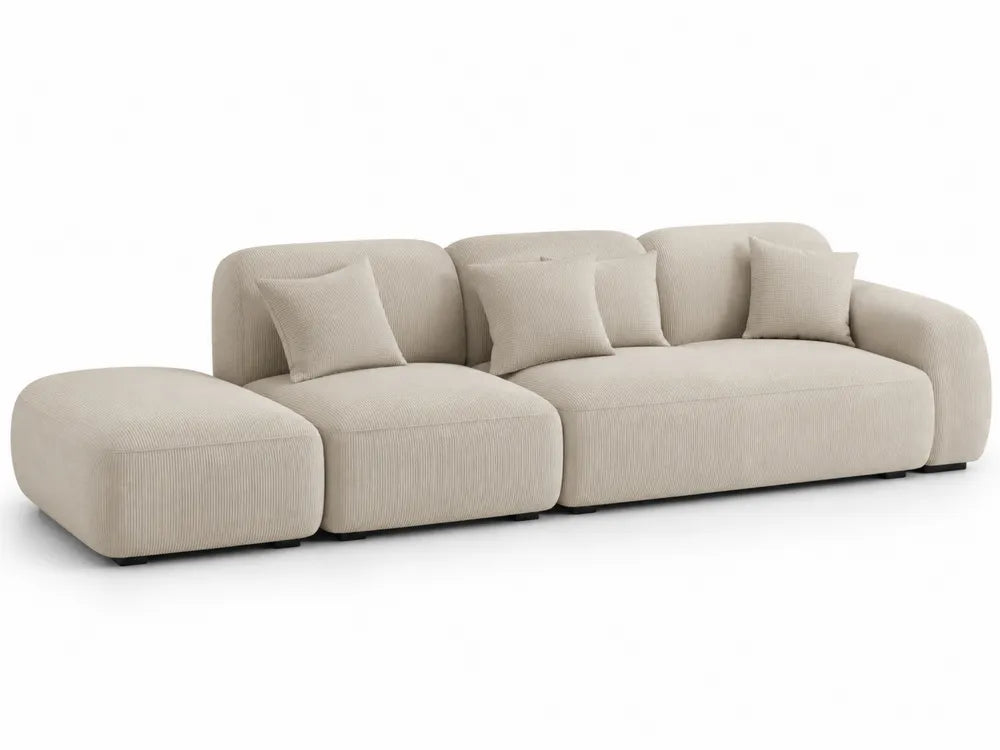 Divano modulare in tessuto a coste beige con chaise longue e cuscini