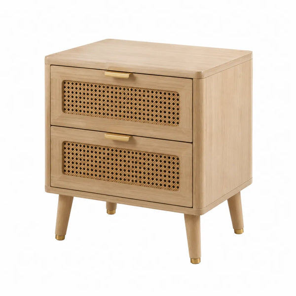 Comodino in Legno e Rattan con 2 Cassetti