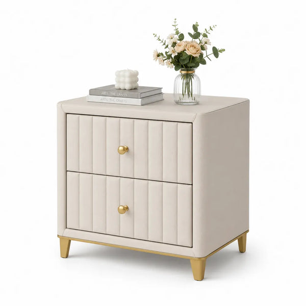 Comodino in ecopelle beige con due cassetti e gambe dorate