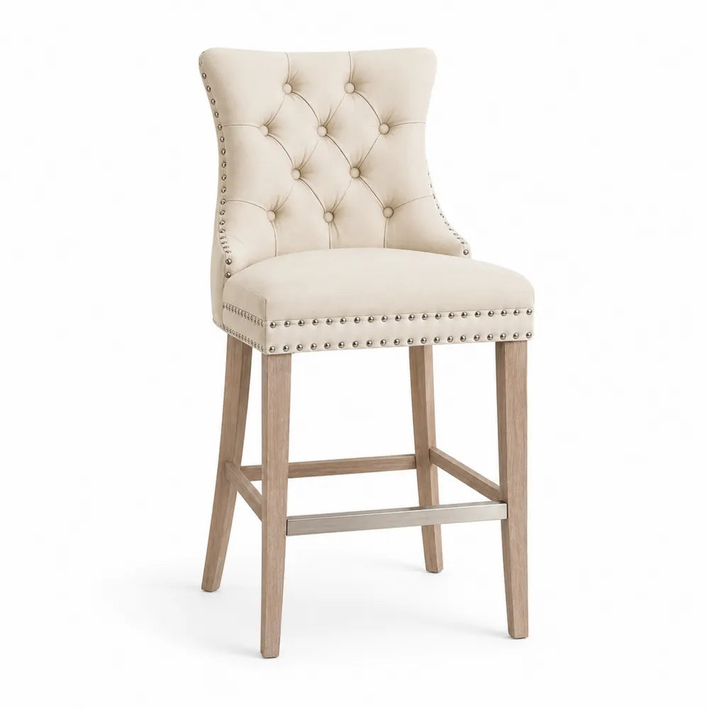 Sgabello imbottito in tessuto beige con gambe in legno