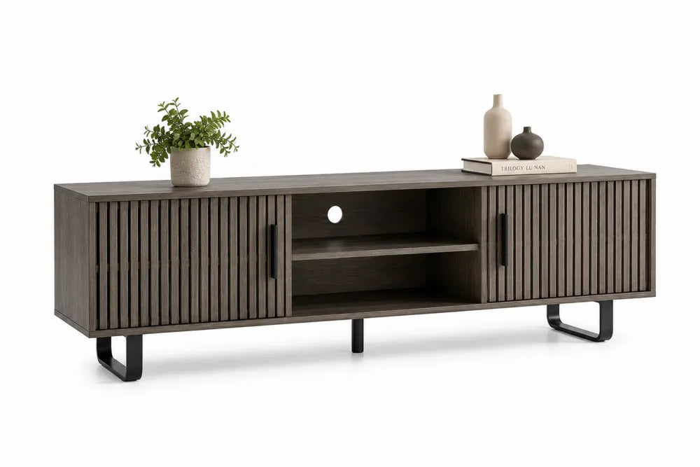 Mobile TV in Legno e Metallo con Ante a Doghe 180x40x50 cm