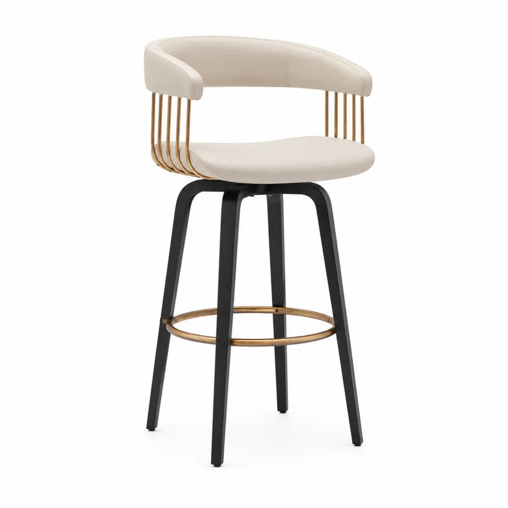 Sgabello da bar con seduta in pelle PU crema e struttura in metallo nero e oro