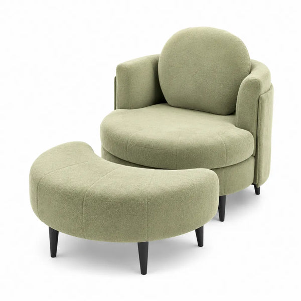 Poltrona e Pouf in Tessuto con Gambe in Legno Massiccio