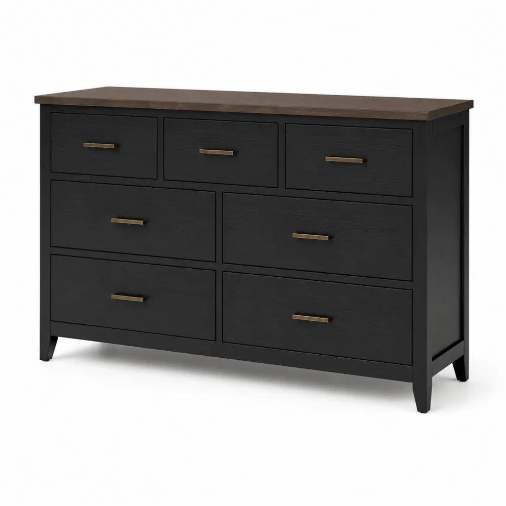 Cassettiera in Legno Nera con Piano in Noce, 7 Cassetti